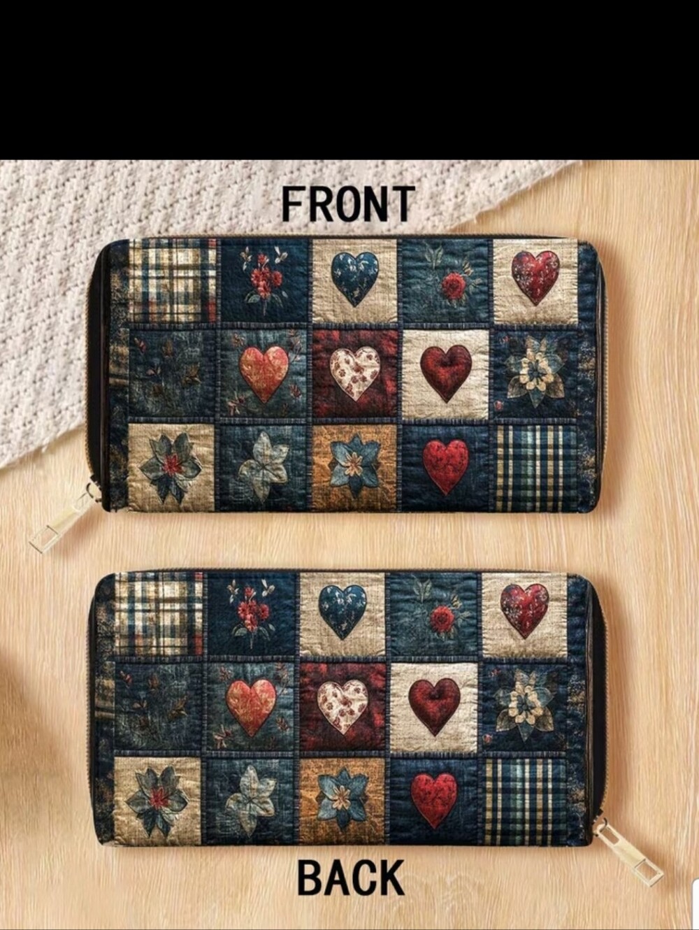 Patchwork Printed On Heart Zip Wallet in Navy, Red, Cream
